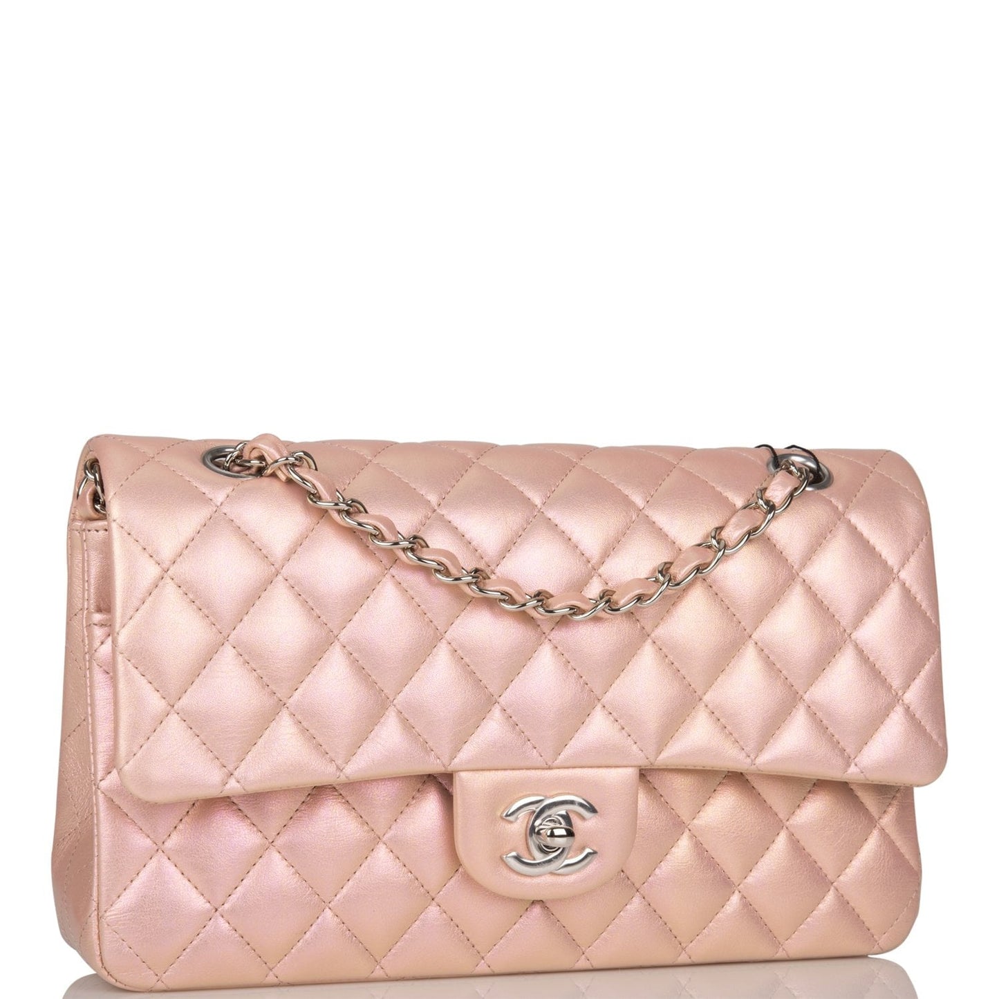 Chanel Medium Classic Double Flap Bag Pink Iridescent Lambskin Silver Hardware