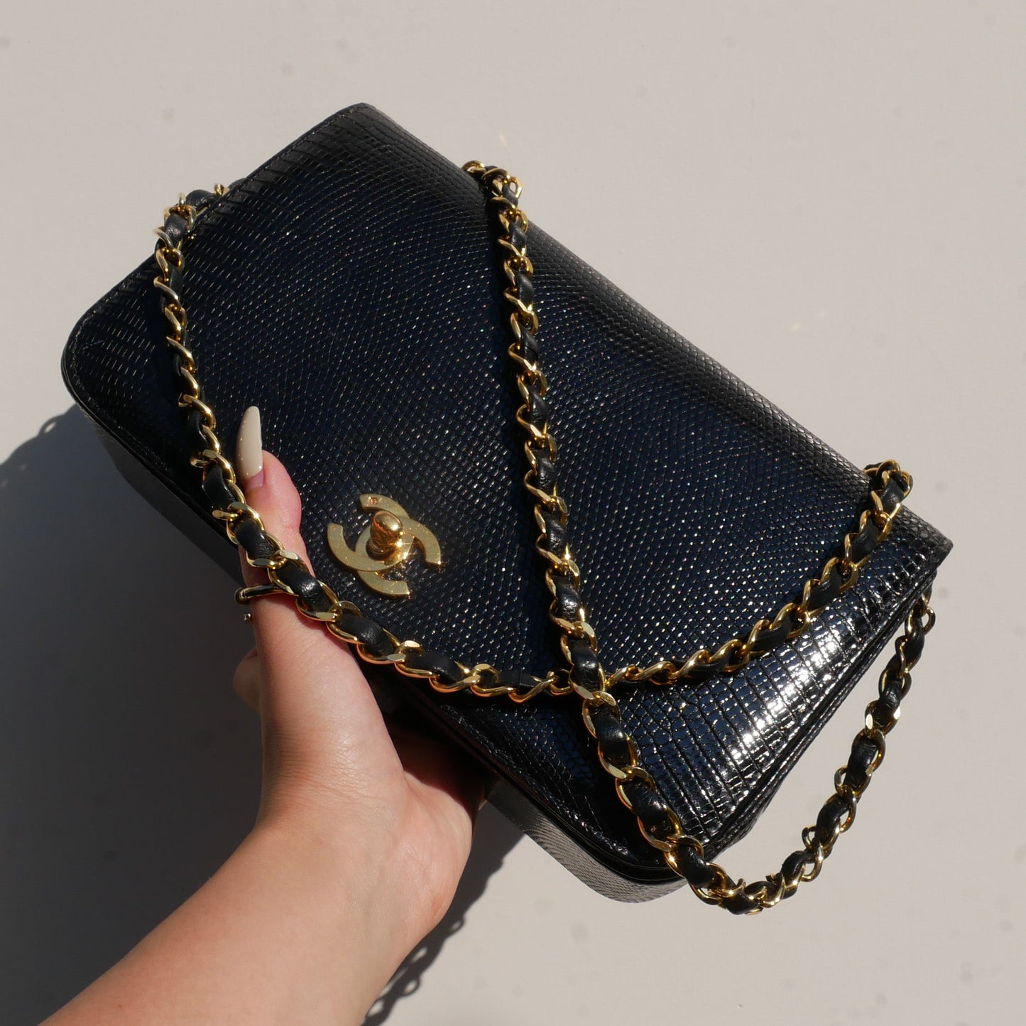 CHANEL Turnlock Full Flap Small Black Lizard