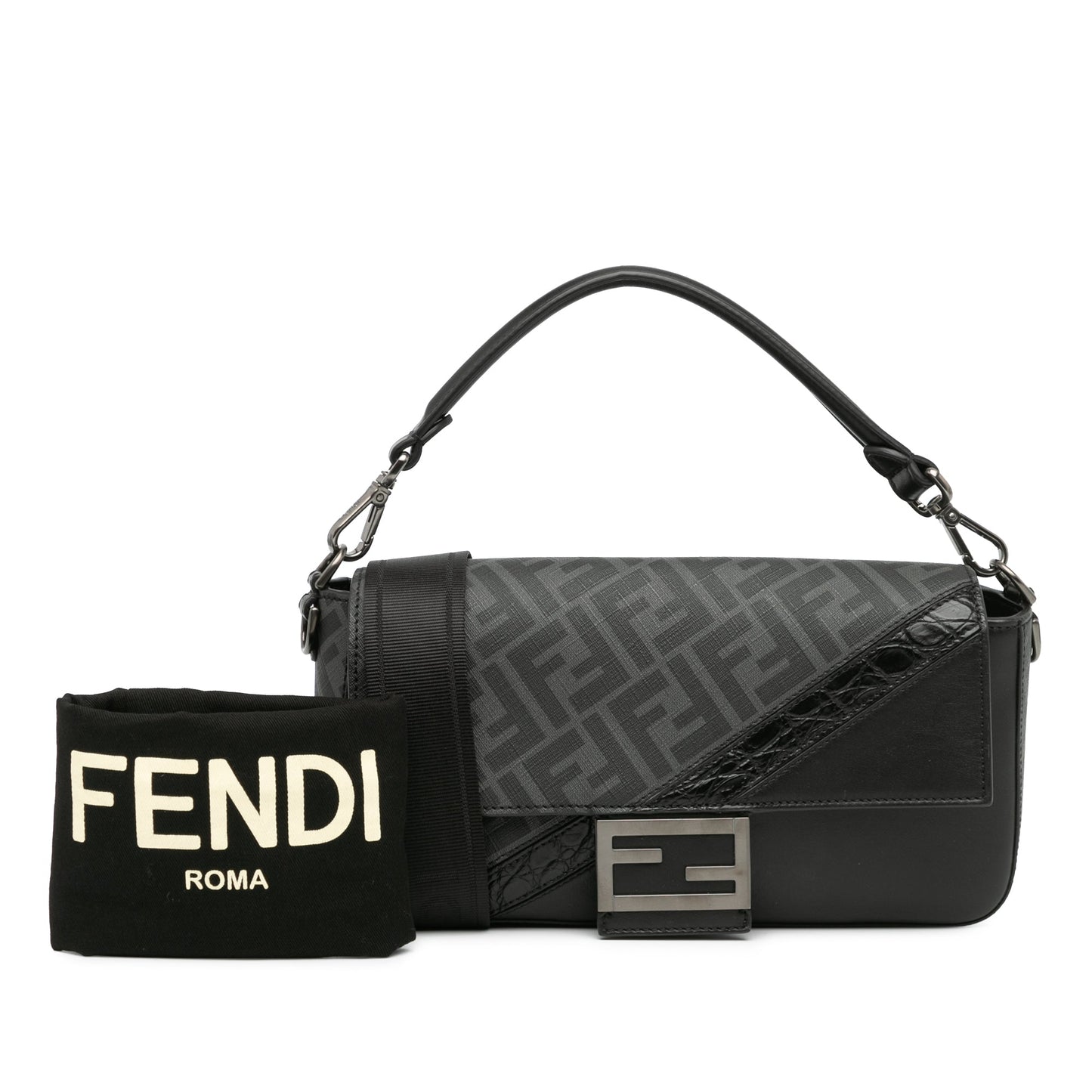 Black Fendi Zucca Coated Canvas And Calfskin Baguette Satchel
