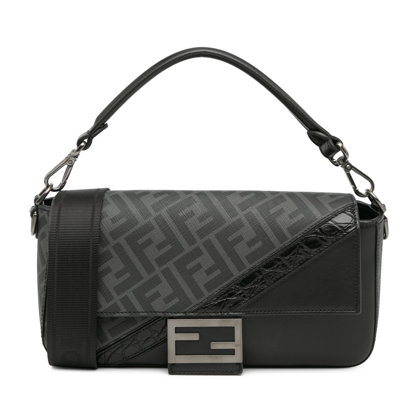 Black Fendi Zucca Coated Canvas And Calfskin Baguette Satchel