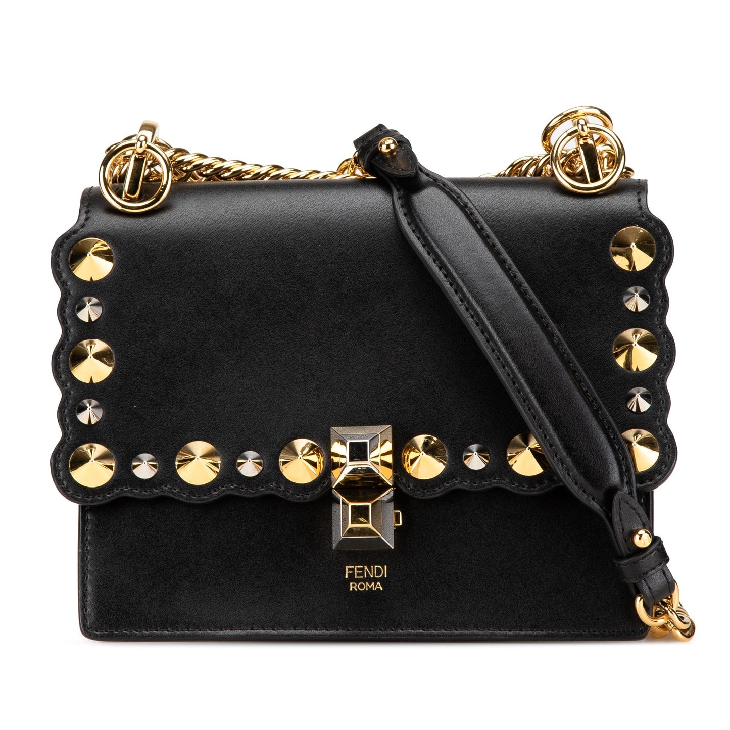 Black Fendi Small Scalloped Studded Leather Kan I Crossbody