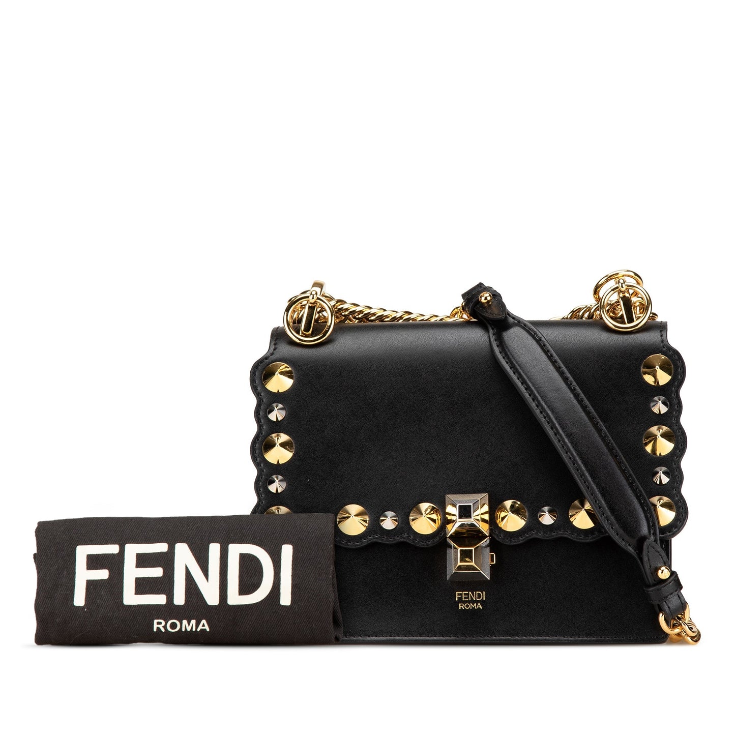 Black Fendi Small Scalloped Studded Leather Kan I Crossbody