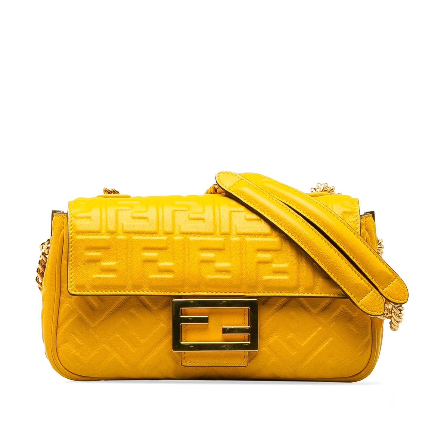 Yellow Fendi Zucca Embossed Chain Midi Baguette Shoulder Bag