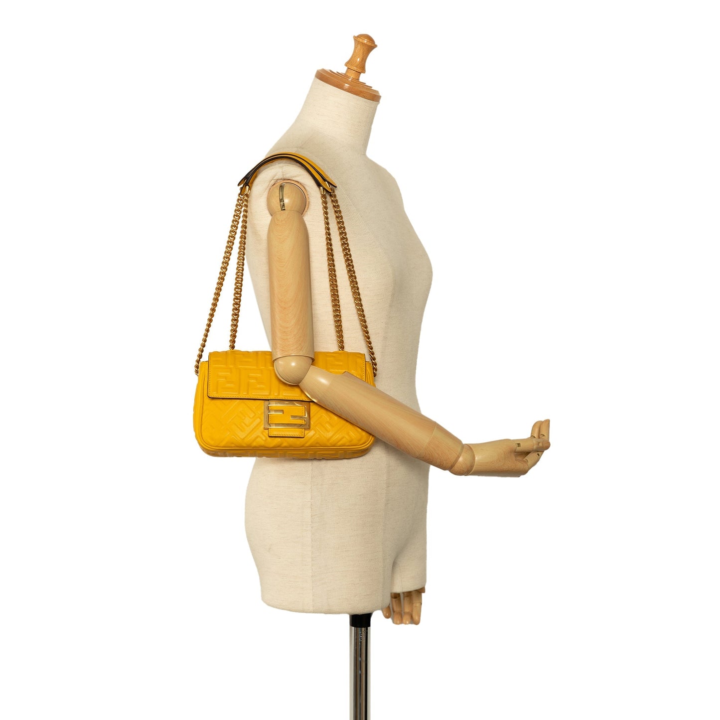 Yellow Fendi Zucca Embossed Chain Midi Baguette Shoulder Bag