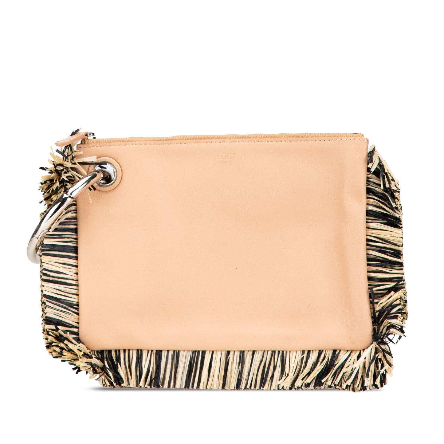 Beige Fendi Zucca Leather and Raffia Triplette Clutch