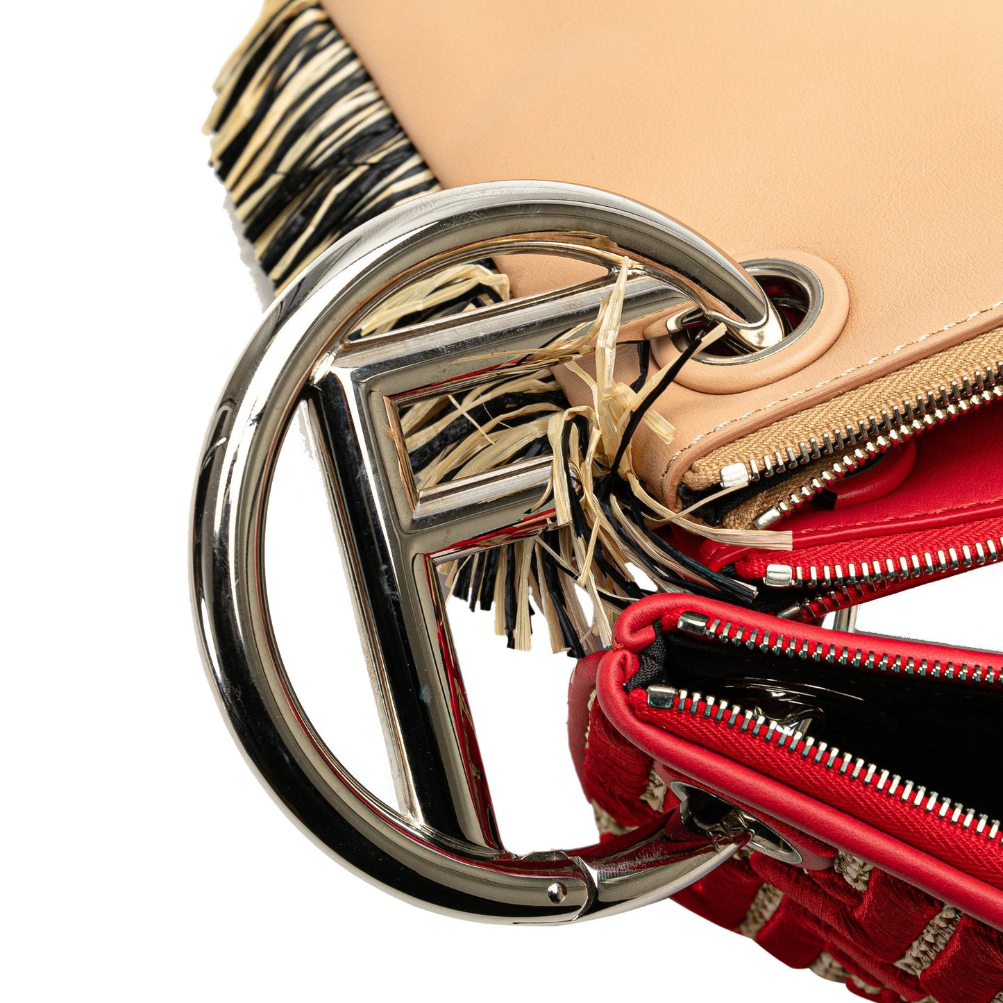 Beige Fendi Zucca Leather and Raffia Triplette Clutch