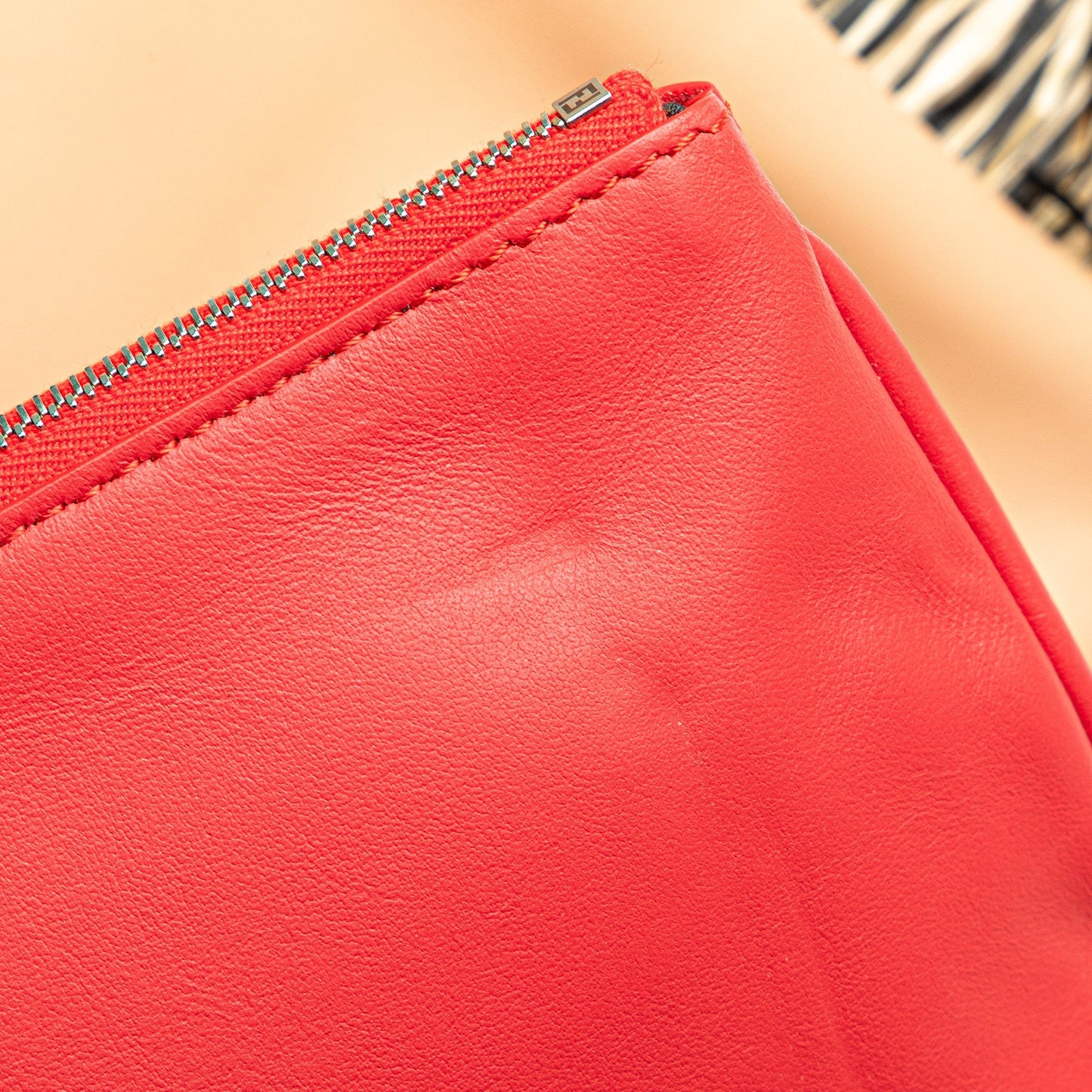 Beige Fendi Zucca Leather and Raffia Triplette Clutch