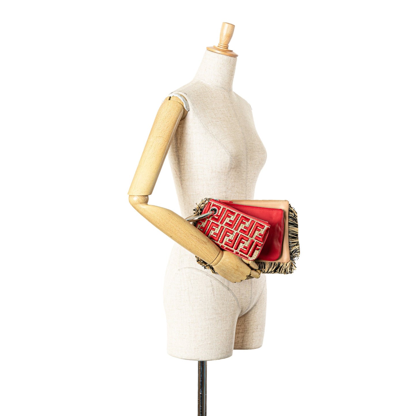 Beige Fendi Zucca Leather and Raffia Triplette Clutch
