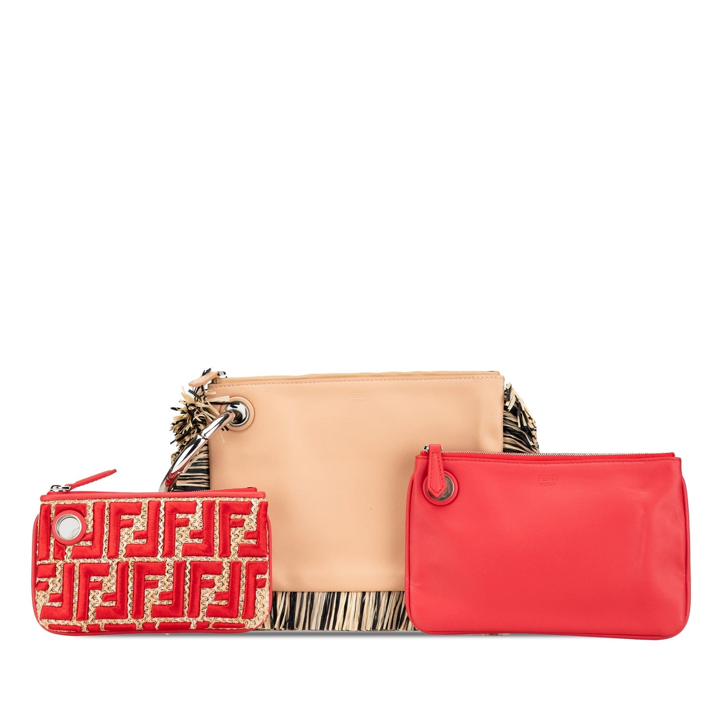 Beige Fendi Zucca Leather and Raffia Triplette Clutch