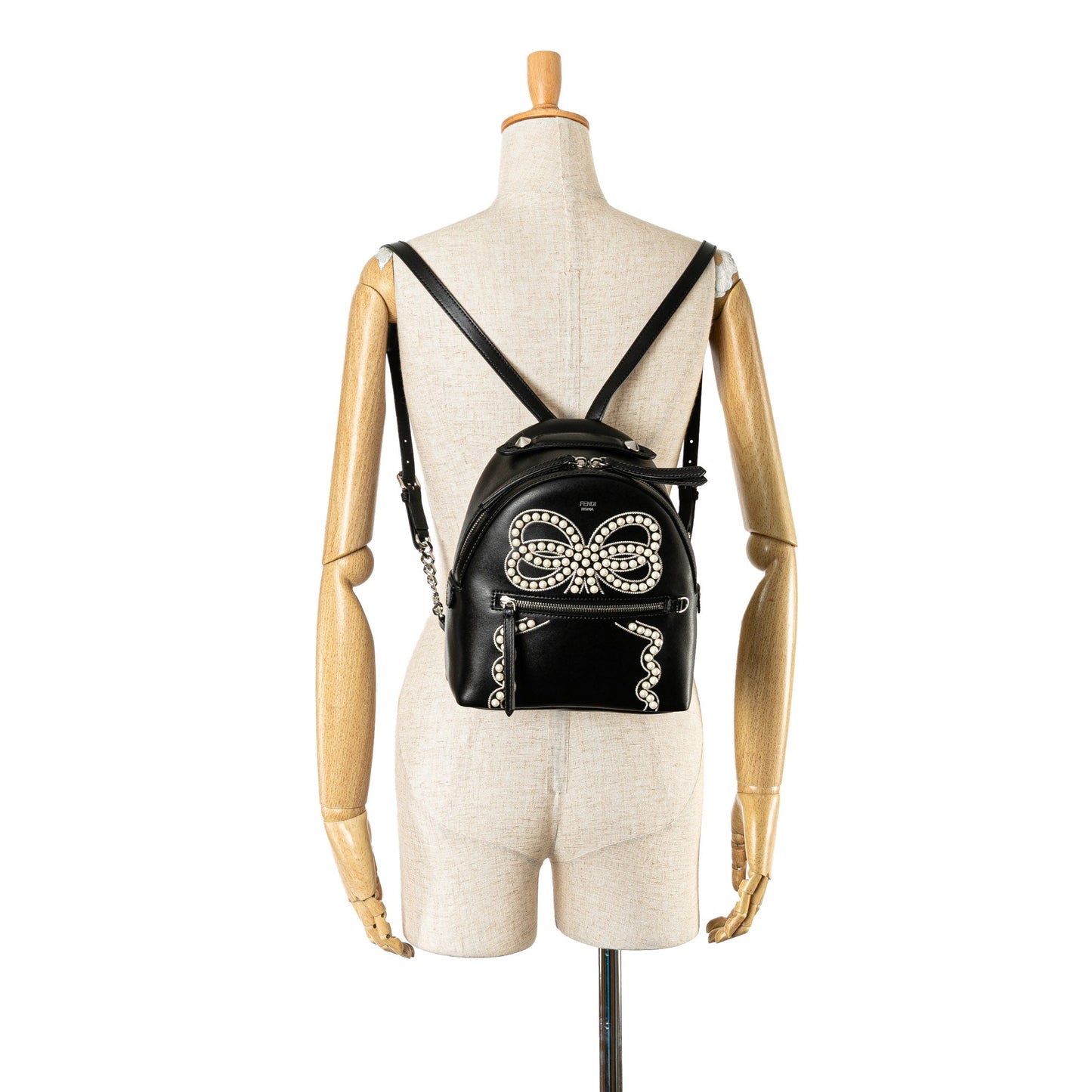 Black Fendi Mini By The Way Leather Ribbon Pearl Backpack