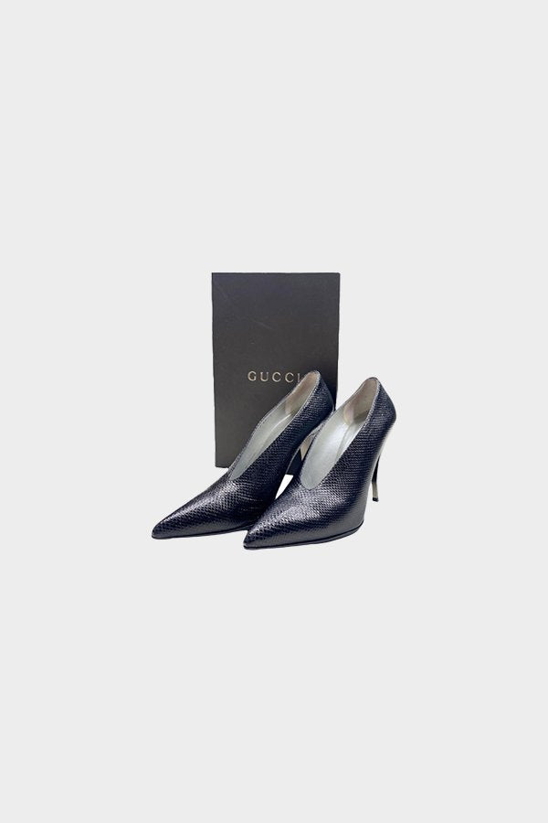 Gucci Tom Ford Vintage Spring 2001 Black Lizard Karung Court Shoes