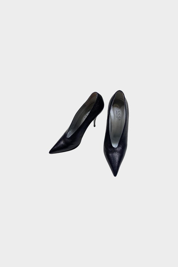 Gucci Tom Ford Vintage Spring 2001 Black Lizard Karung Court Shoes