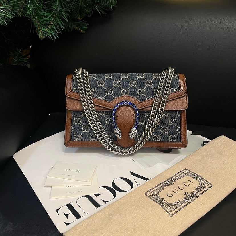 Gucci Denim Brown Leather Dionysus Shoulder Bag Medium