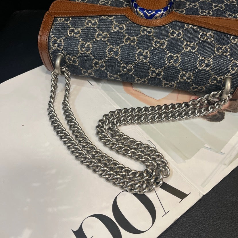 Gucci Denim Brown Leather Dionysus Shoulder Bag Medium