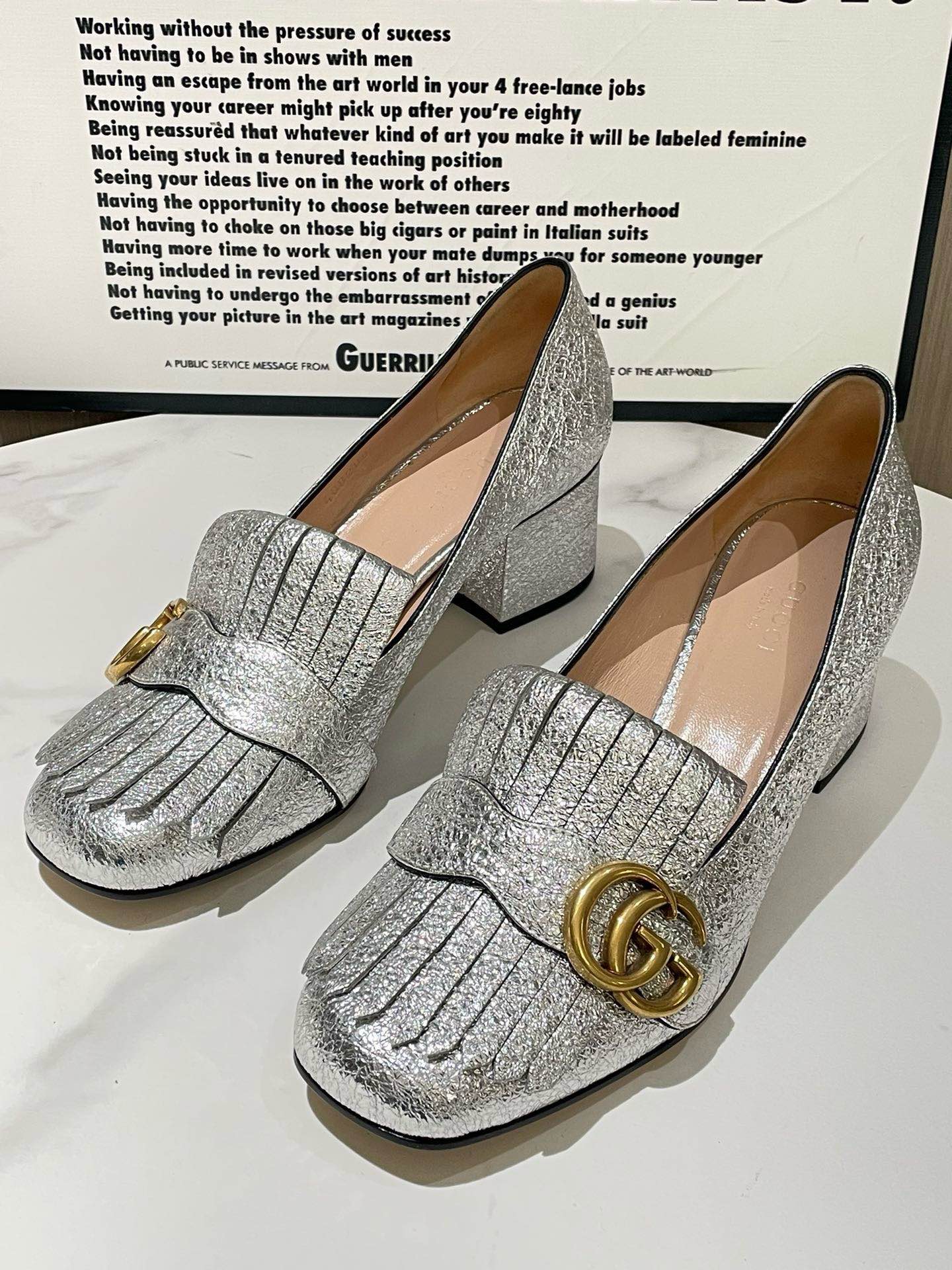 Gucci Marmont Silver Block Heel Shoes Size 37.5
