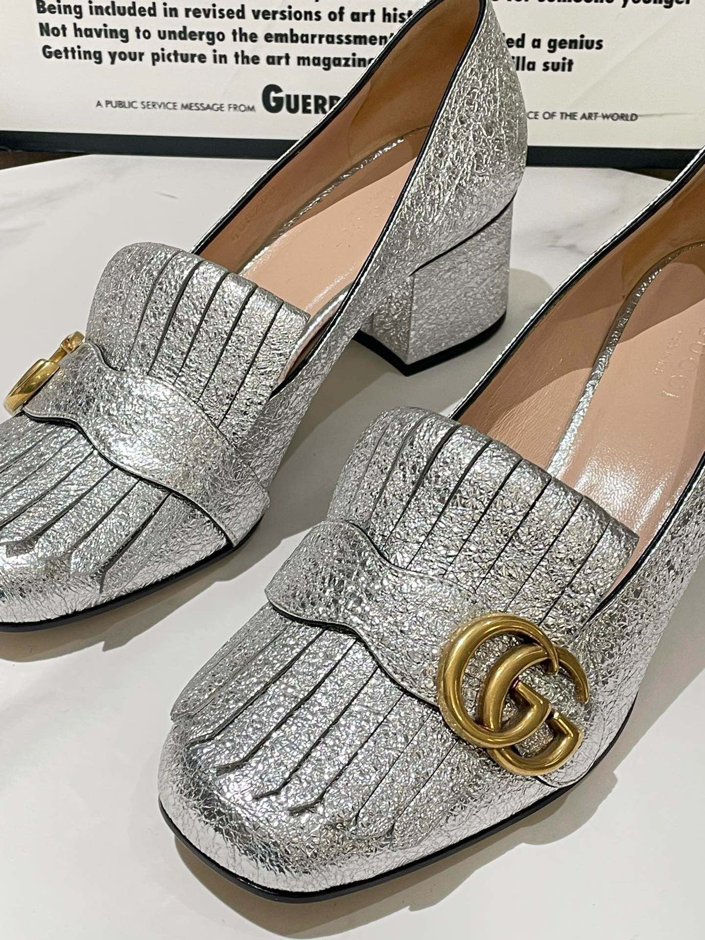 Gucci Marmont Silver Block Heel Shoes Size 37.5