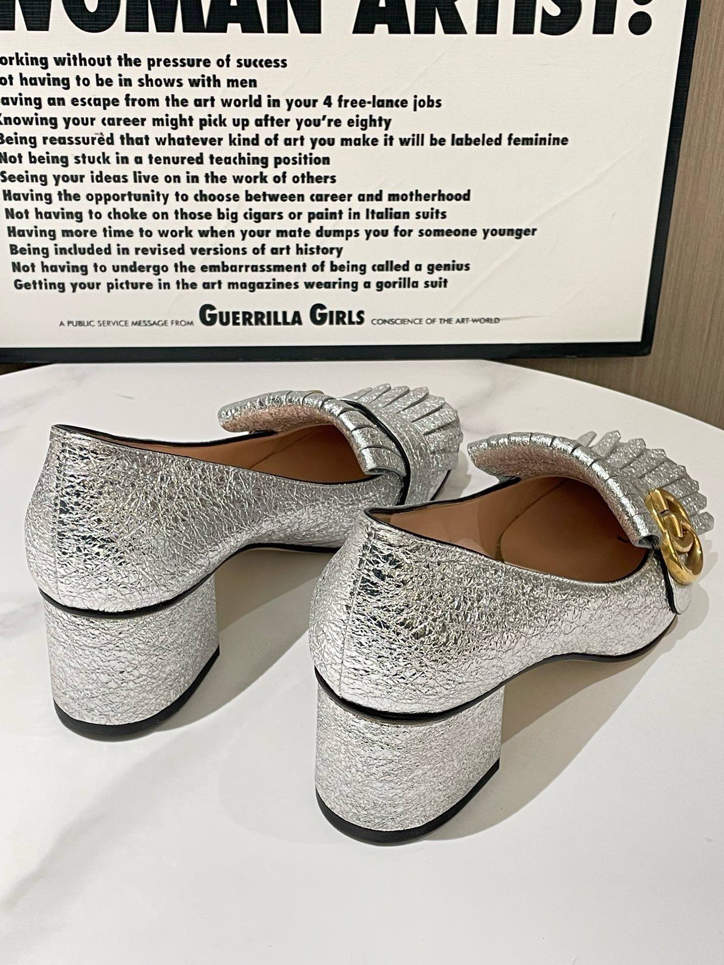 Gucci Marmont Silver Block Heel Shoes Size 37.5