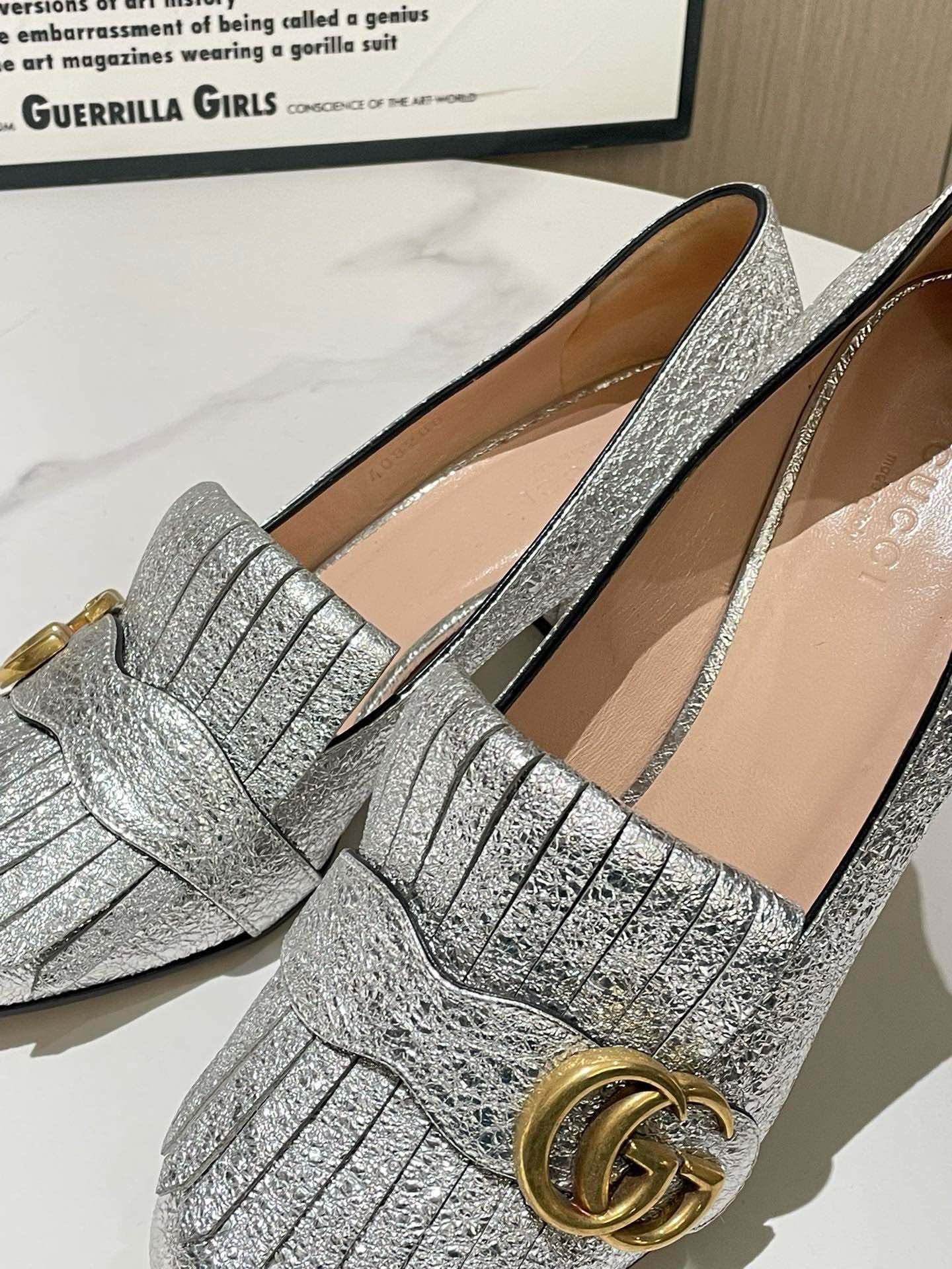 Gucci Marmont Silver Block Heel Shoes Size 37.5