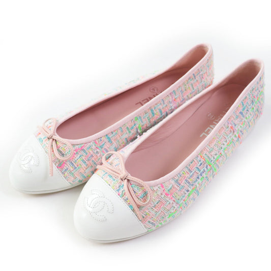 CHANEL Ballet shoes 24C G02819 Cotton Tweed Patent Calfskin White mulch Ballet flats 38