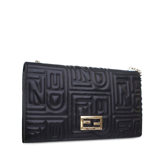 Black Fendi Calfskin Baguette Continental Wallet On Chain Crossbody Bag