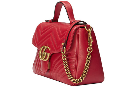 (WMNS) GUCCI GG Marmont Gold Logo Distress Leather Chain handbag Small Red Classic