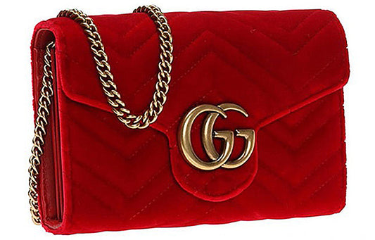 (WMNS) GUCCI GG Marmont Gold Logo Distress Velvet Chain Shoulder Messenger Bag Mini Red