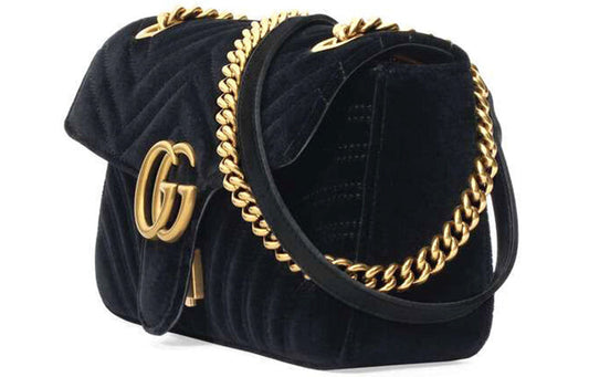 (WMNS) GUCCI GG Marmont Gold Logo Velvet Chain Shoulder Messenger Bag Small Black Classic