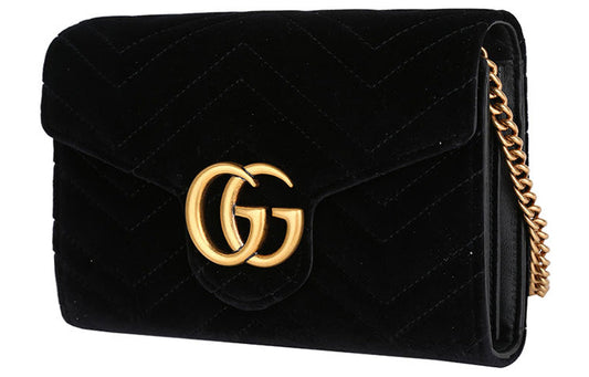 (WMNS) GUCCI GG Marmont Gold Logo Distress Velvet Chain Shoulder Messenger Bag Mini Black
