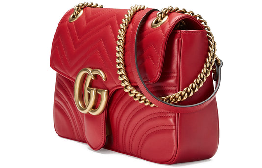 (WMNS) GUCCI GG Marmont Gold Logo Distress Leather Chain Shoulder Messenger Bag Red Classic