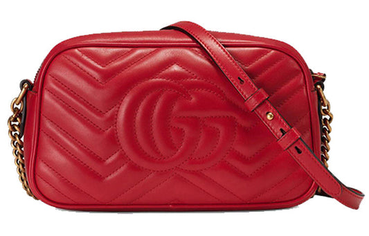 (WMNS) GUCCI GG Marmont Gold Logo Leather Chain Small Red Classic Shoulder Messenger Bag