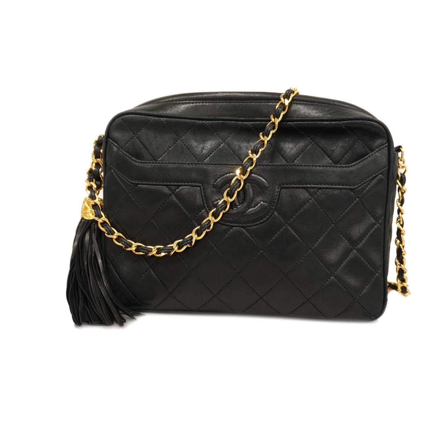 CHANEL  Matelasse Chain Shoulder With Fringes Leather Shoulder Bag Black