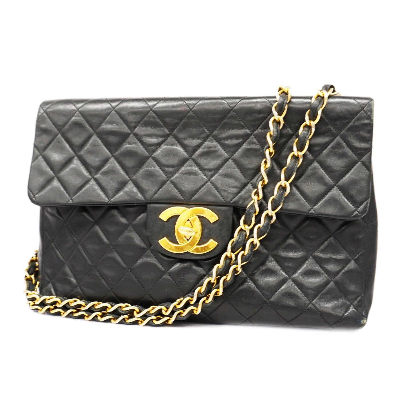 CHANEL  Big Matelasse W Chain Women's Leather Shoulder Bag Black