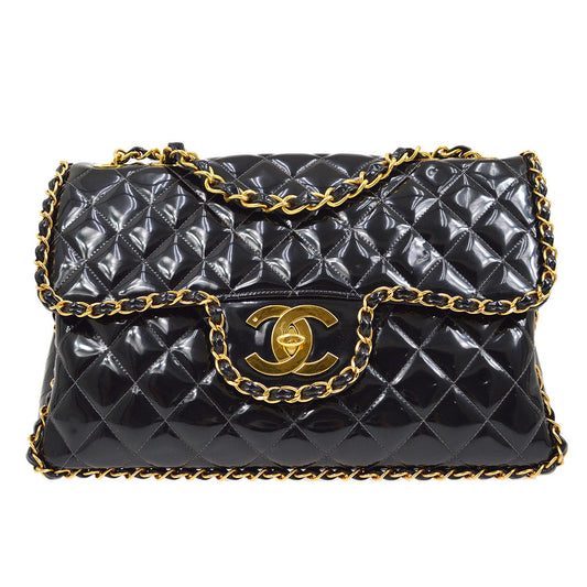 CHANEL * 1994 Black Patent Leather Chain Around Classic Flap Maxi