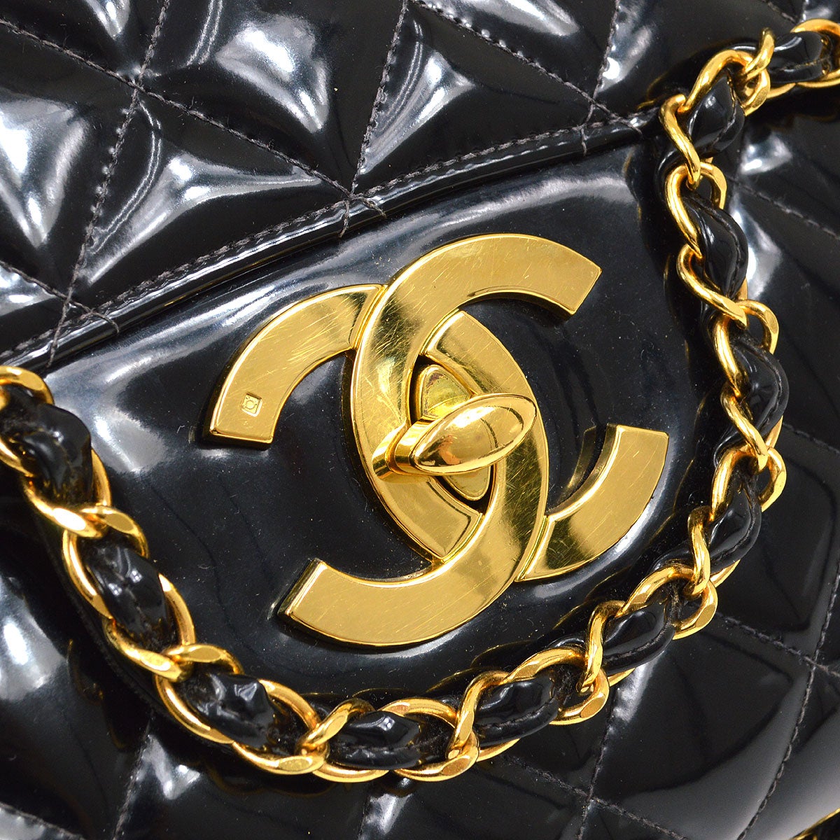 CHANEL * 1994 Black Patent Leather Chain Around Classic Flap Maxi