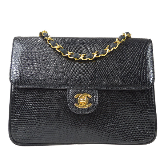 CHANEL * 1989-1991 Classic Square Flap 20 Black Lizard 87982
