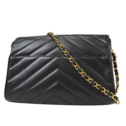 CHANEL * 1991-1994 Chevron Flap Medium Lambskin Black 97435
