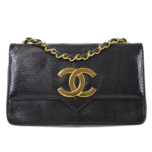 CHANEL * Straight Flap Chain Shoulder Bag Black Lizard 98558