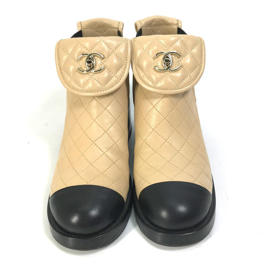 CHANEL boots G45144 lambskin beige 23B Bicolor Shoes Turnlock Matelasse Quilted Side Gore Women 38 Used