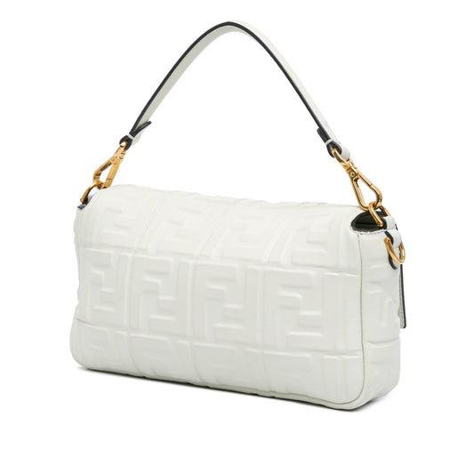 White Fendi Zucca Embossed Leather Baguette Satchel