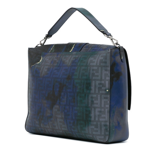Blue Fendi Large Zucca Perforated Leather Baguette Satchel