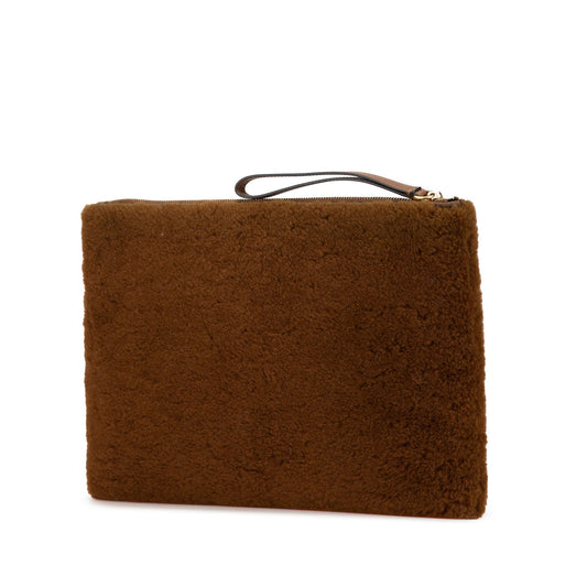 Brown Fendi Shearling FF Flat Pouch Clutch Bag