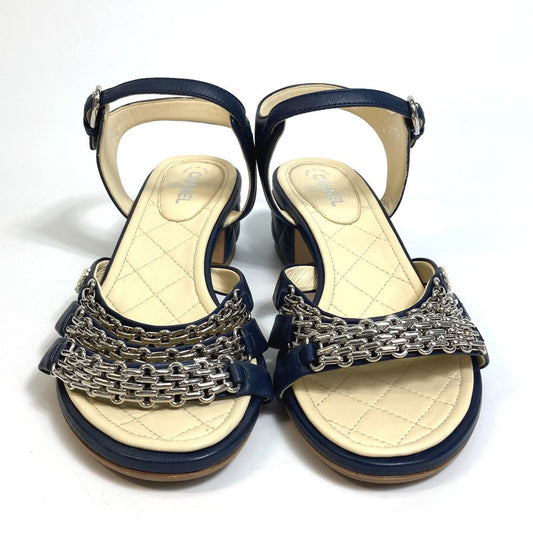 CHANEL Sandals G31704 lambskin Navy CC COCO Mark Shoes Matrasse Women 36.5C Used