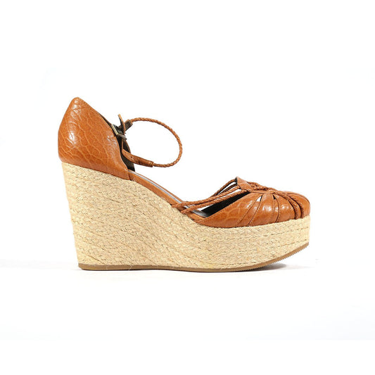 Fendi Women's Designer Shoes Brown Tweed Wedge Leather Sandals (FFW08)