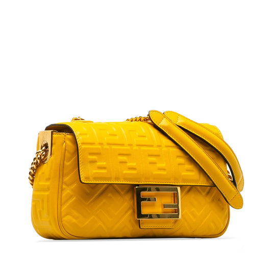 Yellow Fendi Zucca Embossed Chain Midi Baguette Shoulder Bag