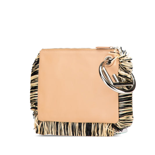 Beige Fendi Zucca Leather and Raffia Triplette Clutch
