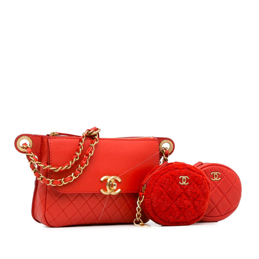 Red Chanel CC Quilted Calfskin Flap Belt Bag and Coin Purse