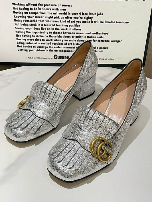 Gucci Marmont Silver Block Heel Shoes Size 37.5